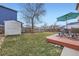 Well-maintained backyard with a shed, a wood deck for outdoor dining, and green grass at 19372 E 41St Ave, Denver, CO 80249
