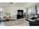Cozy living room featuring modern furniture, a fireplace, and a large window offering plenty of natural light at 4971 Ceylon Way, Denver, CO 80249