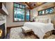 Serene bedroom featuring a fireplace, mountain views, and a plush rug at 422 Timber Trail Rd, Breckenridge, CO 80424