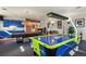 Entertainment game room features a pool table, air hockey table, and stylish blue cabinetry at 4719 Beverly Ln, Erie, CO 80516