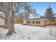 Snowy backyard with a view of the brick house and mature trees at 2280 W Center Ave, Denver, CO 80223