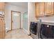 Functional laundry area with modern washer/dryer units, cabinets, and shower at 1720 Chaparro Cir, Berthoud, CO 80513