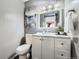 Modern bathroom featuring a white vanity, updated fixtures, and contemporary decor at 9990 Jasper St, Commerce City, CO 80022