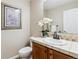 Cozy half-bath featuring a decorative mirror, white flower accent, and a pedestal sink at 2601 Pemberly Ave, Highlands Ranch, CO 80126