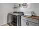 Efficient laundry room equipped with modern washer and dryer units and convenient storage solutions at 3953 John Ave, Castle Rock, CO 80104