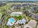 Aerial shot of a community featuring a pool, pond, and beautifully landscaped common areas at 652 Pinecliff Dr, Erie, CO 80516
