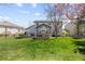 Expansive backyard with lush lawn, stone-enclosed seating area, mature tree, and partial view of the home's exterior at 7106 Cerney Cir, Castle Pines, CO 80108