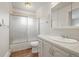 Cozy bathroom features tiled floors, a shower-tub, and white vanity at 512 County Road 136, Elizabeth, CO 80107