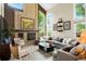 Bright living room with vaulted ceilings, brick fireplace, large windows, and comfortable seating at 2061 Chesapeake Pl, Highlands Ranch, CO 80126