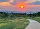 Sunset view featuring walking path, meadows, mountains, and green bushes at 2061 Chesapeake Pl, Highlands Ranch, CO 80126