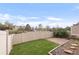 Backyard featuring a well-maintained lawn, privacy fence, and brick patio, ideal for outdoor relaxation and entertaining at 9685 W Chatfield Ave # A, Littleton, CO 80128