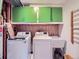 Functional laundry room with modern washer, dryer, sink, wood paneling, and green upper cabinets at 1576 S Ursula Ct, Aurora, CO 80012