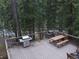Outdoor deck space with two grills, table, and a forest view at 805 Columbine Rd # 105, Breckenridge, CO 80424