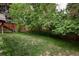 Spacious backyard featuring mature trees, a wooden fence, and a playground at 7453 E Jefferson Dr, Denver, CO 80237