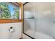 Bright bathroom featuring a glass-enclosed shower with black trim and a wooded outdoor view at 384 Camron Ln, Breckenridge, CO 80424