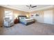 Primary bedroom featuring a tray ceiling, carpet, and natural light from a wall of windows at 10681 Sundial Rim Rd, Highlands Ranch, CO 80126
