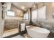 Luxurious bathroom featuring a soaking tub, glass-enclosed shower, and modern fixtures at 17059 Motsenbocker Way, Parker, CO 80134