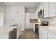 Modern kitchen featuring stainless steel appliances, white cabinetry, and elegant quartz countertops at 487 Interlocken Blvd # 409, Broomfield, CO 80021