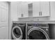 A modern laundry room features modern gray front load washer and dryer and white cabinets at 17161 E Dewberry Dr, Parker, CO 80134
