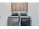 Convenient laundry room featuring modern washer and dryer, plus cabinetry for storage at 2350 Tremont Pl # 13, Denver, CO 80205