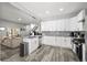 Modern kitchen featuring white cabinets, stainless steel appliances, gray backsplash, and wood-style flooring at 800 S Krameria St, Denver, CO 80224
