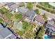 Aerial view of a landscaped backyard featuring a pool, a garden, a patio, and mature trees at 3314 Astorbrook Cir, Highlands Ranch, CO 80126