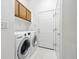 Convenient laundry room equipped with modern washer and dryer, overhead cabinets and white door at 2130 Chestnut Cir, Erie, CO 80516