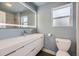 Sleek bathroom featuring modern vanity with illuminated mirror, with white toilet and gray walls at 1525 Roslyn St, Denver, CO 80220