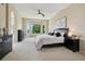 Large main bedroom with a bay window providing natural light, neutral carpet, and modern black furniture at 5309 Mining Camp Trl, Parker, CO 80134