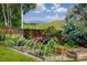 View of garden with raised beds in fenced backyard with view at 14023 W Alaska Dr, Lakewood, CO 80228