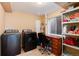 Laundry room featuring modern washer and dryer, storage shelving, and a workspace at 1374 Spotted Owl Way, Highlands Ranch, CO 80129