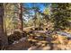 Outdoor patio area with stone fireplace, picnic table, and wood storage at 121 Mary Beth Rd, Evergreen, CO 80439