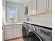 Functional laundry room with modern washer and dryer, ample counter space, and stylish cabinets at 11465 W Atlantic Ave, Lakewood, CO 80227