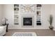 Cozy living room featuring a fireplace flanked by built-in shelving and decorative art at 27029 E Irish Pl, Aurora, CO 80016