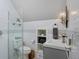 Stylish bathroom with a glass shower and decorative lighting above the sink and vanity at 482 S Logan St, Denver, CO 80209
