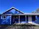 Exterior view of a vibrant blue home featuring a covered porch, a white front door, and well-manicured lawn at 530 Hickory St, Hudson, CO 80642