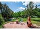 Landscaped backyard with table, seating, fire pit, and lush greenery offering a peaceful retreat at 16134 Sandstone Dr, Morrison, CO 80465