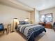 Well-lit basement bedroom featuring soft carpeting, a picture window, and stylish modern decor at 24172 Jerome Ct, Golden, CO 80401