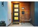 Modern front door with glass panels, wood siding, and a bench at 2248 S Lincoln St, Denver, CO 80210