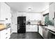 Modern kitchen with white cabinets, black countertops, stainless steel appliances and sleek black refrigerator at 19661 E Girard Ave, Aurora, CO 80013