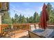Outdoor living space on the wooden deck overlooking the surrounding trees at 20957 Horse Bit Way, Morrison, CO 80465