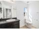 Bathroom featuring a vanity with a dark countertop and a toilet with a window view at 5367 Spring Ridge Trl, Castle Rock, CO 80104