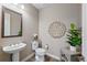 Cozy half-bathroom featuring modern fixtures, decorative elements, and a pedestal sink at 5608 Raintree Dr, Parker, CO 80134
