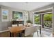 Dining area with modern chandelier, sideboard, and sliding glass doors to the backyard at 5608 Raintree Dr, Parker, CO 80134