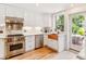 Bright kitchen with white cabinets, tile backsplash, stainless appliances, and a copper farmhouse sink at 428 N Humboldt St, Denver, CO 80218