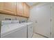 Functional laundry room with washer, dryer, overhead cabinets, and convenient access door at 7912 S Buchanan Way, Aurora, CO 80016