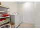 Bright laundry room with shelving, modern washer and dryer units, and neutral tile flooring at 8480 Arriba Dr, Littleton, CO 80125