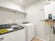 Bright laundry room features modern Whirlpool washer and dryer, and a convenient shelf for storage at 22340 E 8Th Ave, Aurora, CO 80018