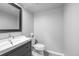 Neutral toned powder bath featuring modern fixtures and a large mirror at 140 Sugar Plum Way, Castle Rock, CO 80104