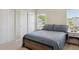 This bedroom features a cozy bed, neutral walls, and dual closets for ample storage space at 16581 Buckthorn Ln, Parker, CO 80134